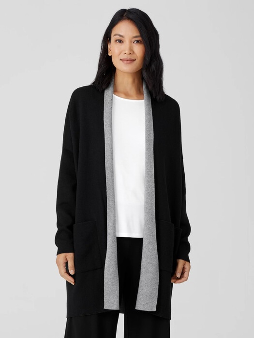 Eileen Fisher Peruvian Organic Cotton Blend Black Long Cardigan Size M $278